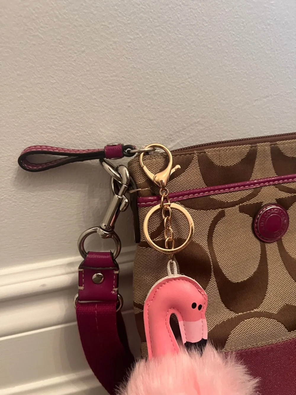 Coach Brown Signature Crossbody with Pink Trim and Pom Charm - Picture 5 of 11